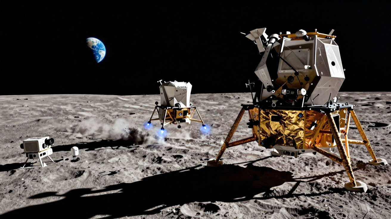 Two lunar modules on the moon’s surface with Earth visible in the black sky above.