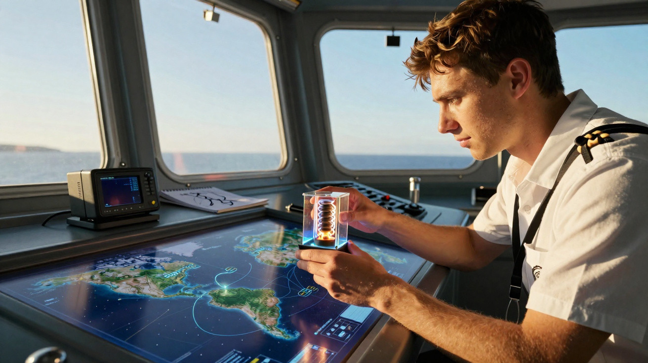 Young ship officer in uniform examining glowing holographic device on ship bridge with map display and ocean view.
