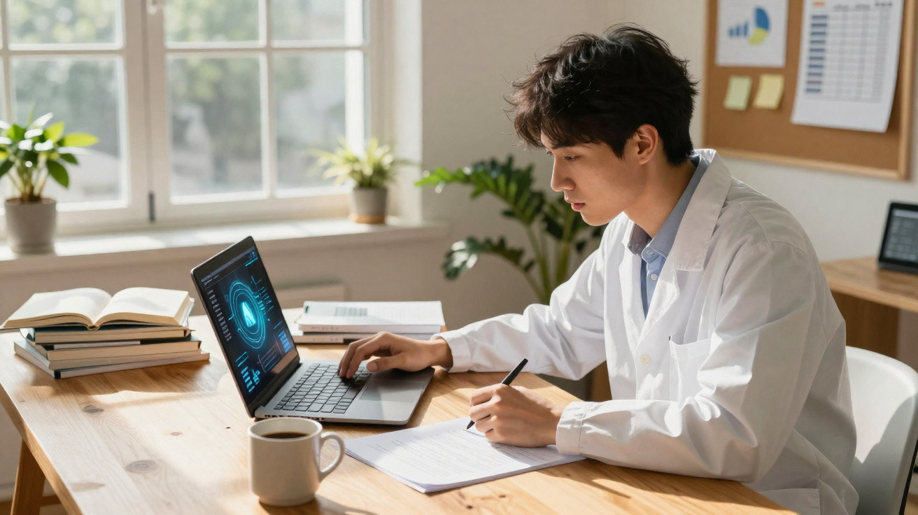 Young scientist in a lab coat working on a laptop and taking notes at a wooden desk by a window.