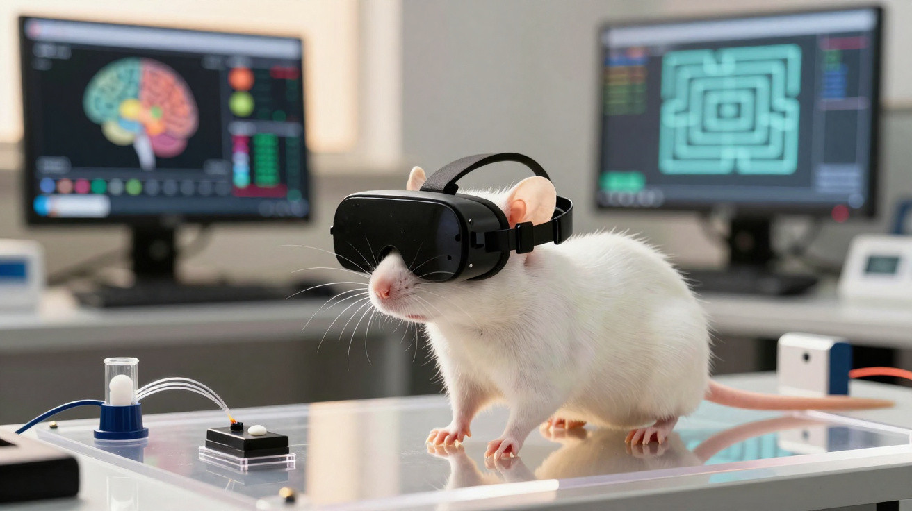 White laboratory mouse wearing virtual reality headset on a clear surface with brain and maze data on screens behind.