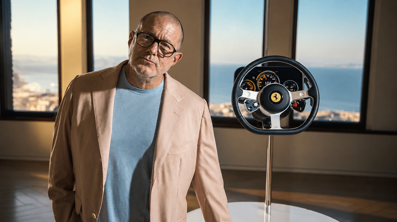 Man wearing glasses and beige jacket standing next to a Ferrari steering wheel display in a sunlit room.
