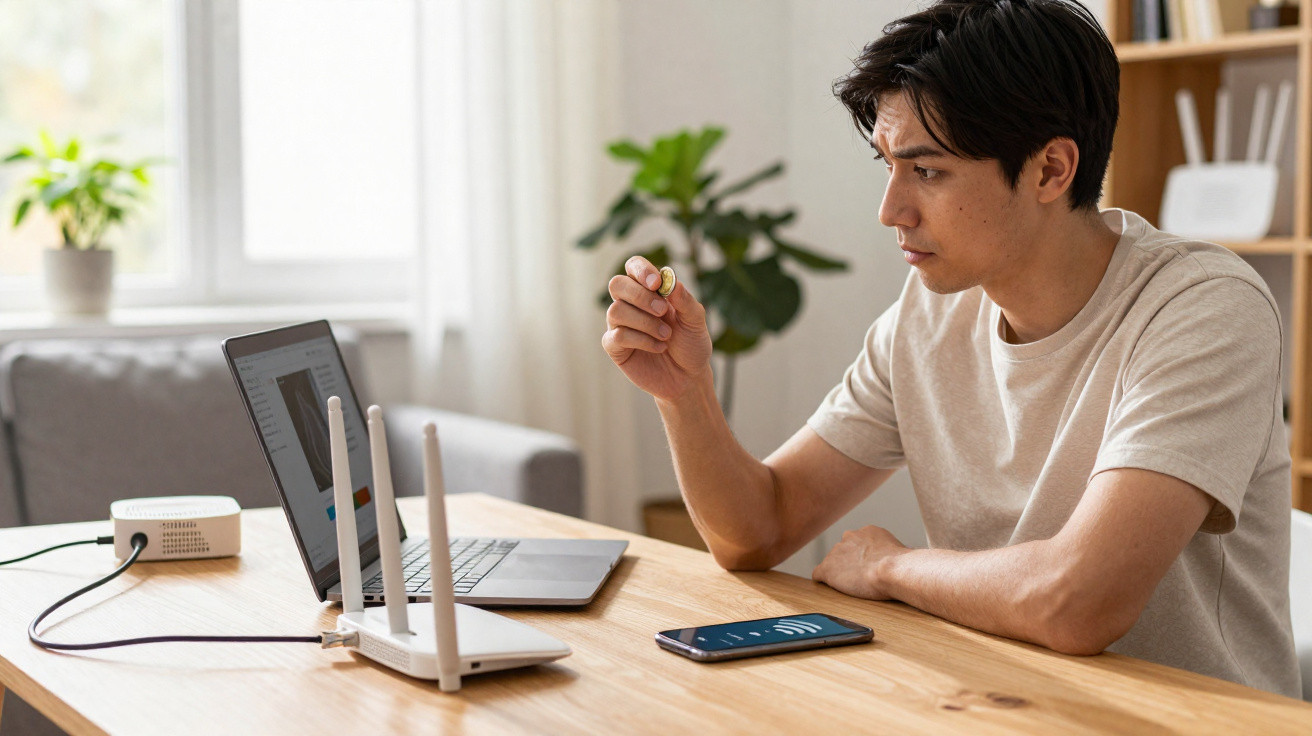 Young man sitting at a table looking at a coin with a laptop, router, and smartphone on the table.