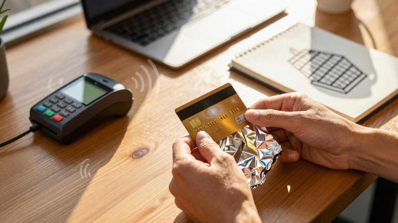 Person holding a credit card in foil near a contactless payment terminal on a wooden desk with a laptop and notebook.