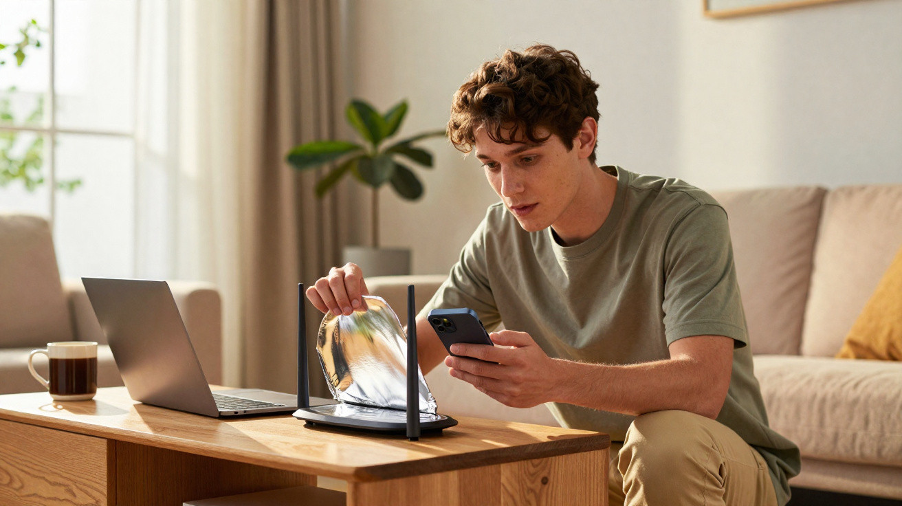 Young man setting up a Wi-Fi router on a wooden table while holding a smartphone in a bright living room.
