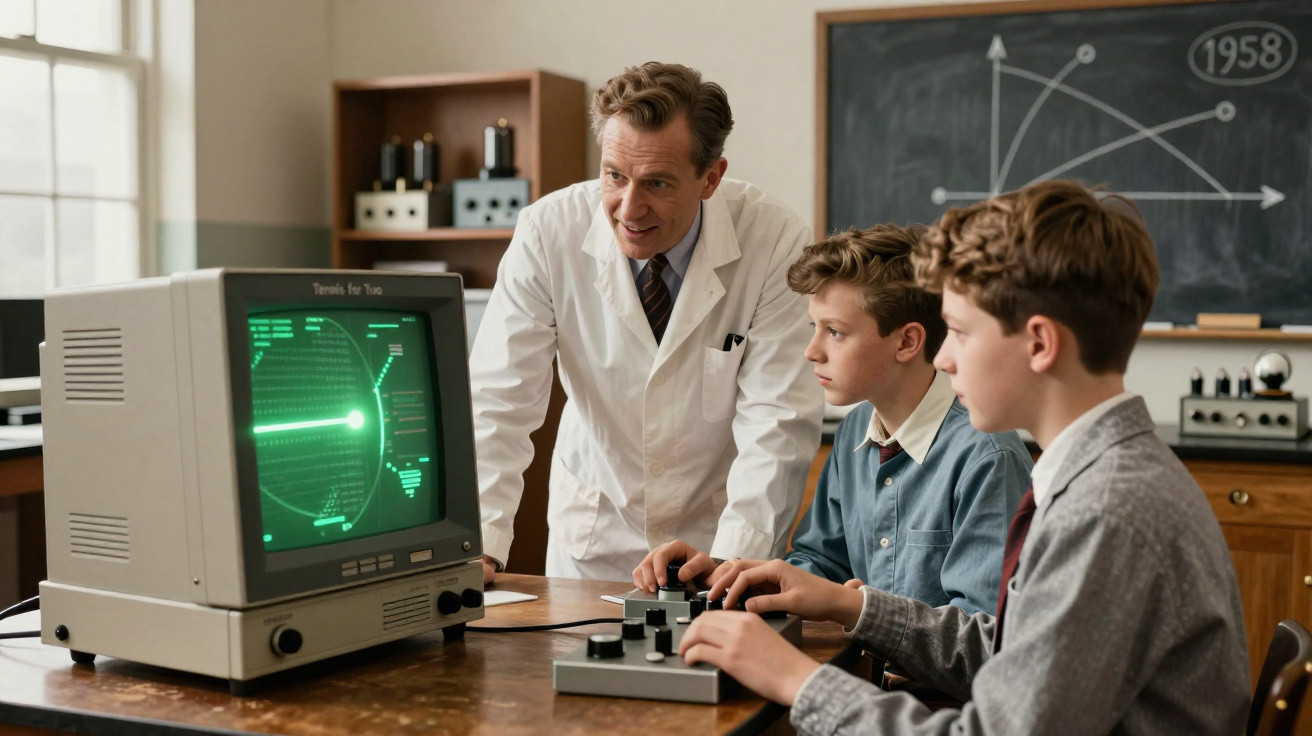 Teacher in white coat guiding two boys using a vintage radar machine in a classroom with a chalkboard.