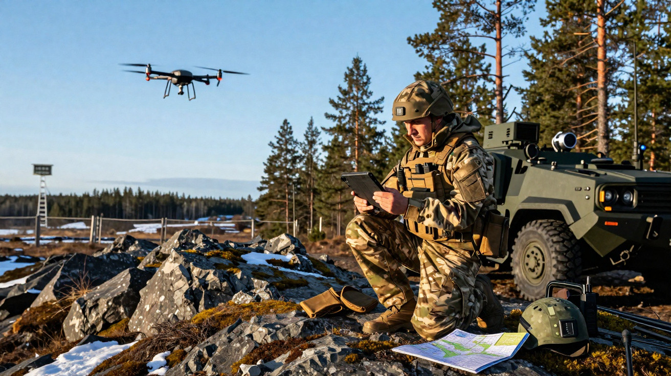 Soldier controlling a drone with a tablet while crouching beside a military vehicle in a forested area.