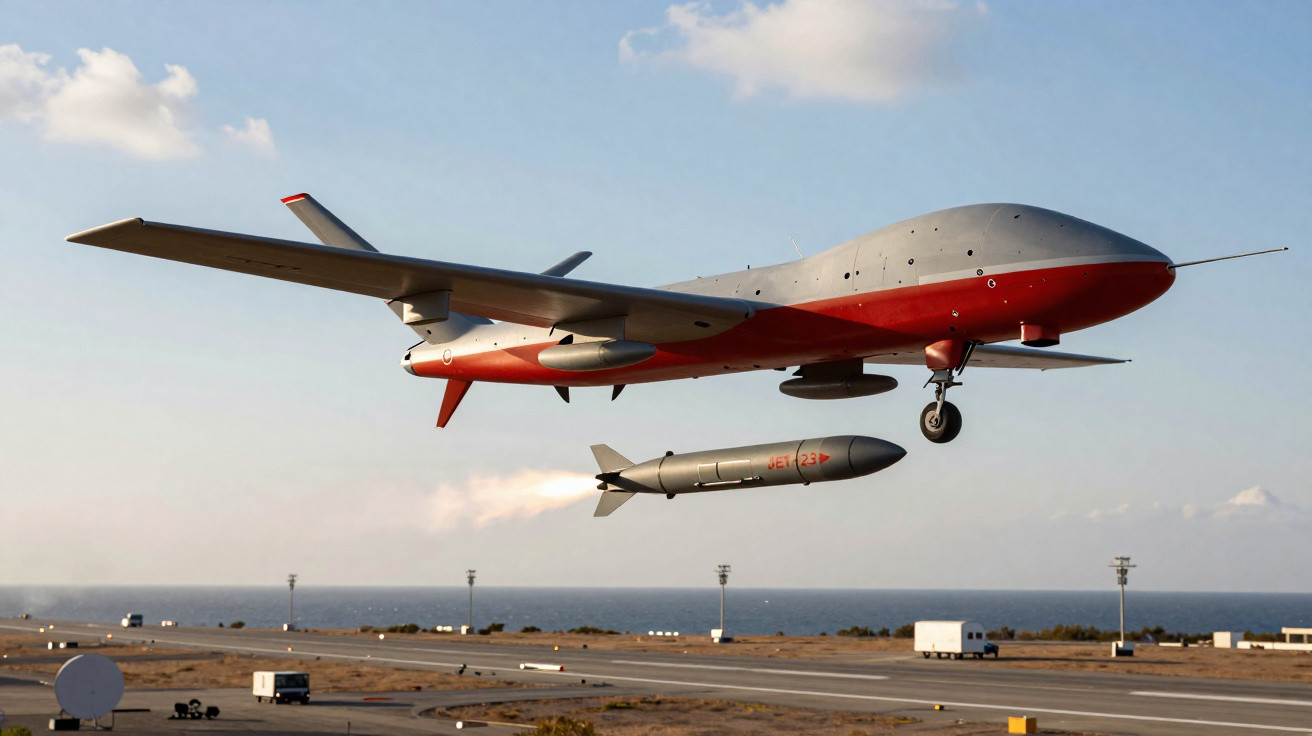 Military drone releasing a missile over a coastal runway on a clear day.