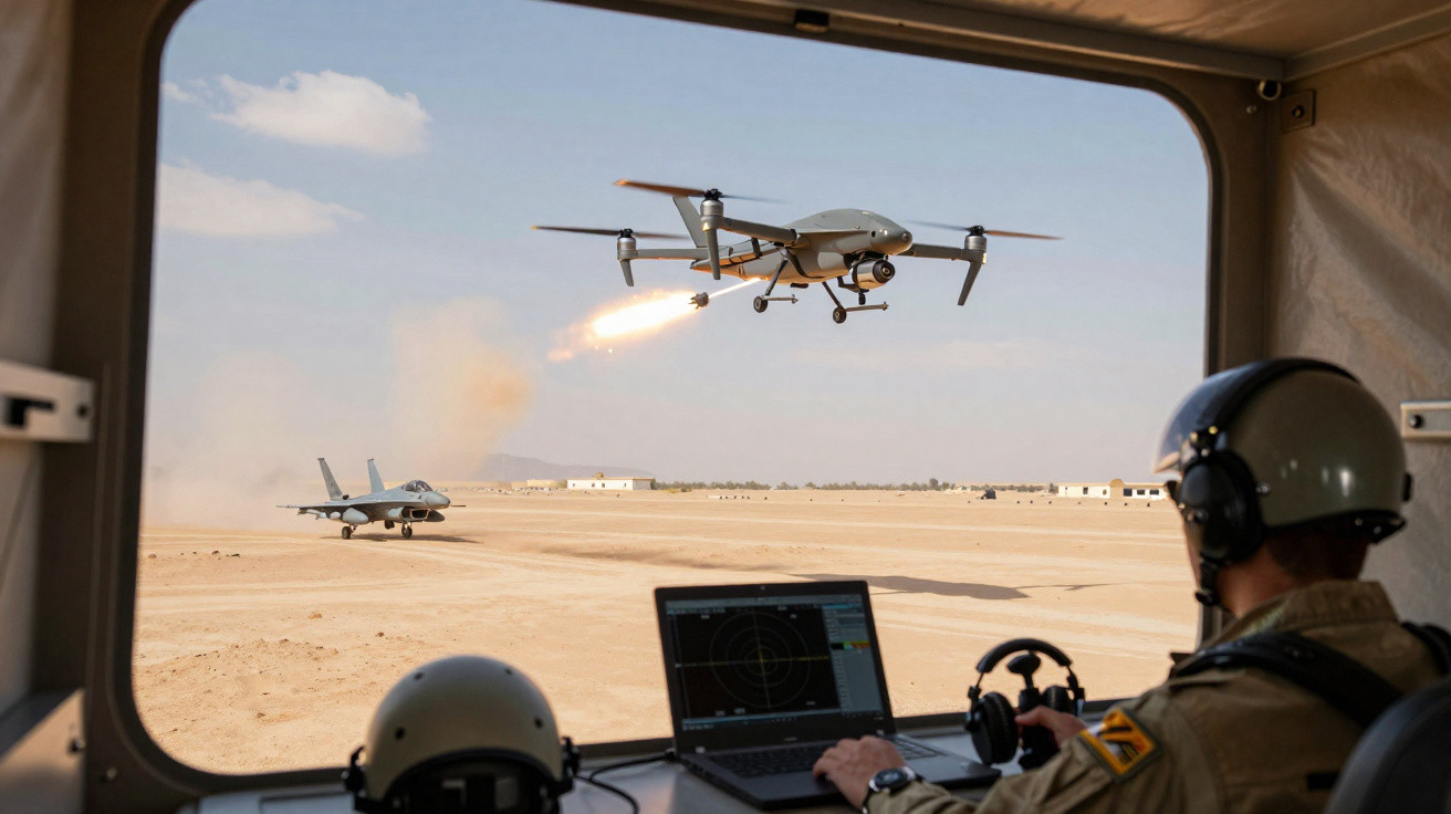 Military operator controlling a drone launching a missile near a fighter jet on a desert airfield.