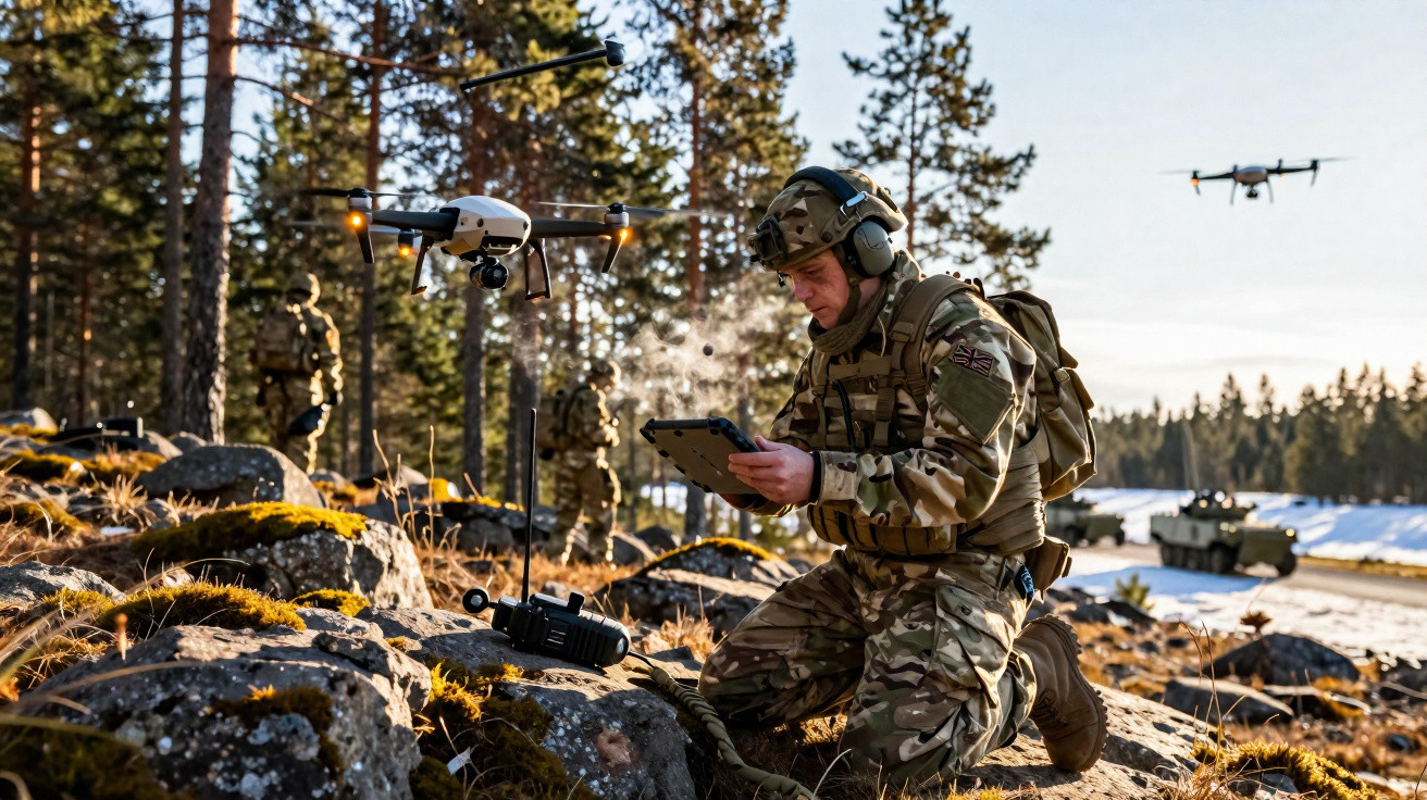 Soldier in camouflage operating a tablet and drone in a forested area with military vehicle in the background.