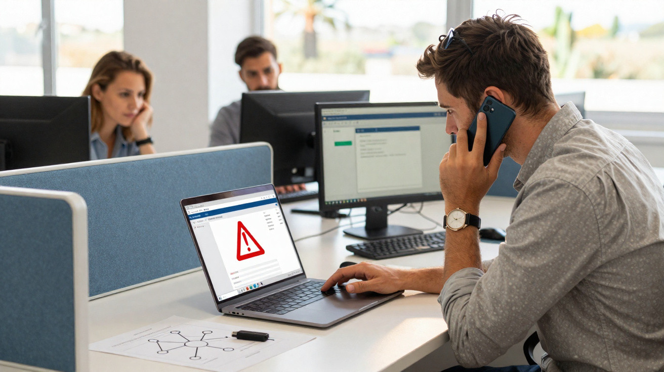 Man making a phone call while viewing a warning symbol on a laptop screen in an office with two colleagues.