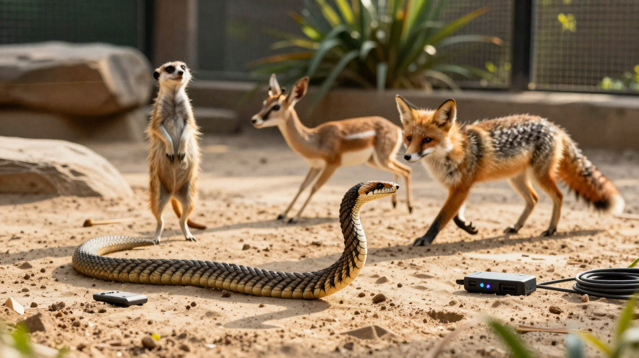 A meerkat, antelope, and fox observe a realistic snake model on sandy ground near electronic devices.