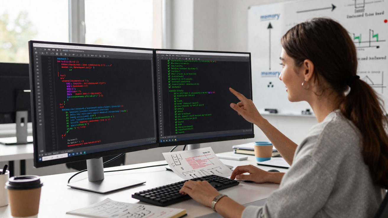 Woman pointing at dual monitors displaying colourful programming code in a modern office workspace.