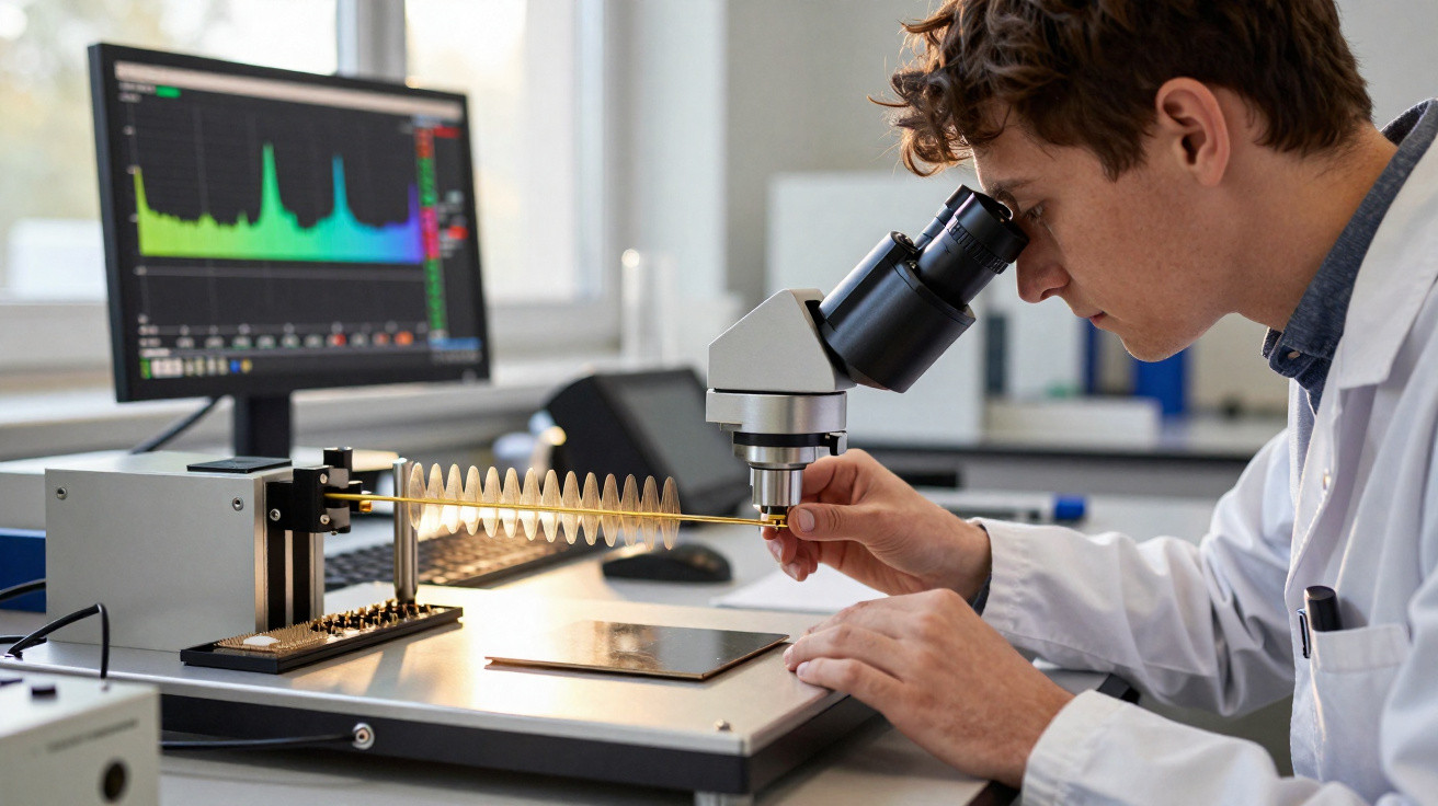 Scientist in lab coat examining a specimen under a microscope with a computer displaying a spectral graph nearby.