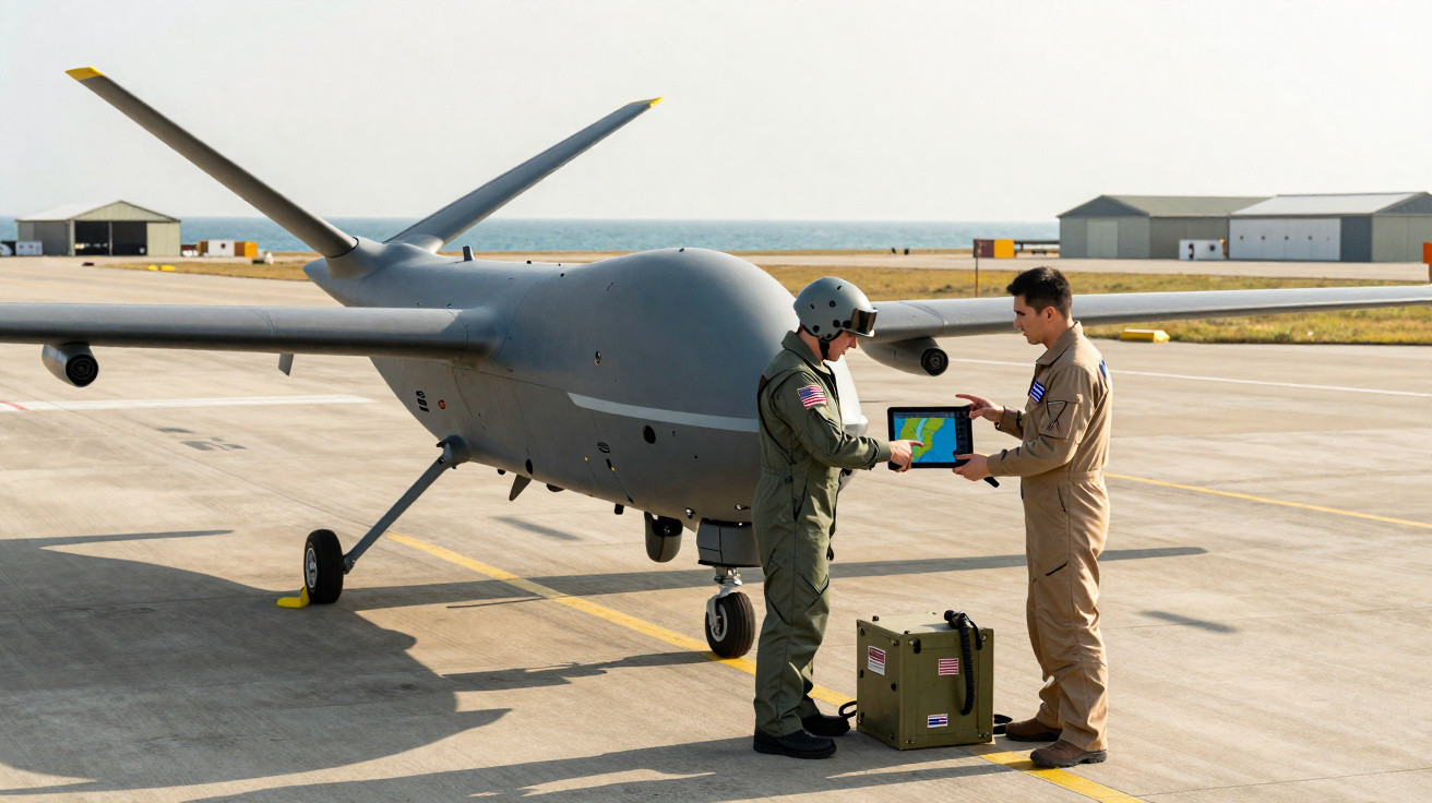 Two military personnel reviewing data on a tablet beside a drone on an airfield near the sea.
