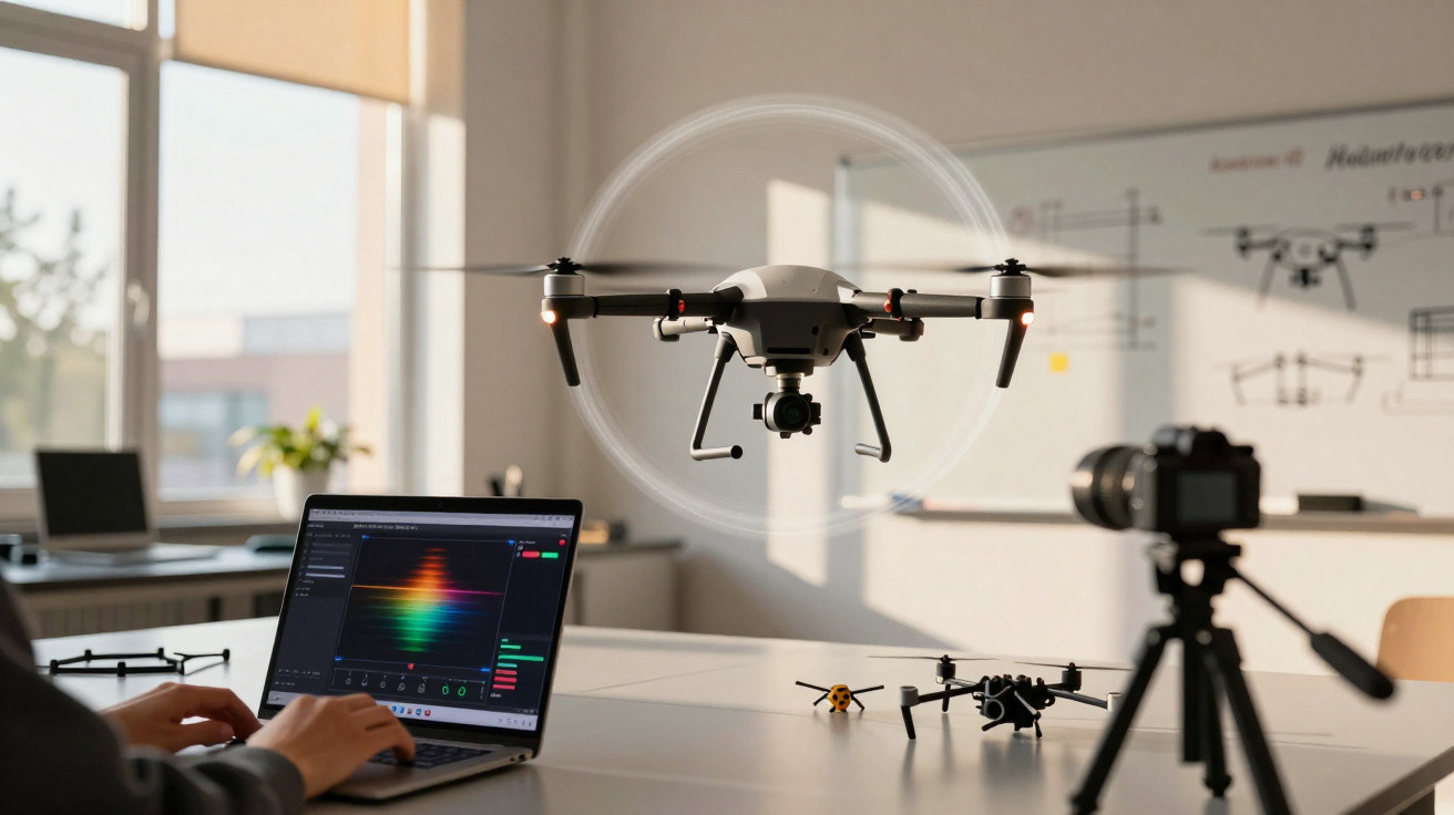 Drone flying indoors over a table with a laptop, camera on tripod, and drone sketches on a whiteboard.