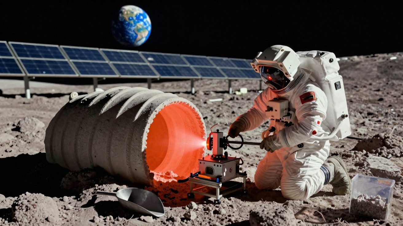 Astronaut operating scientific equipment on moon surface with Earth and solar panels in background