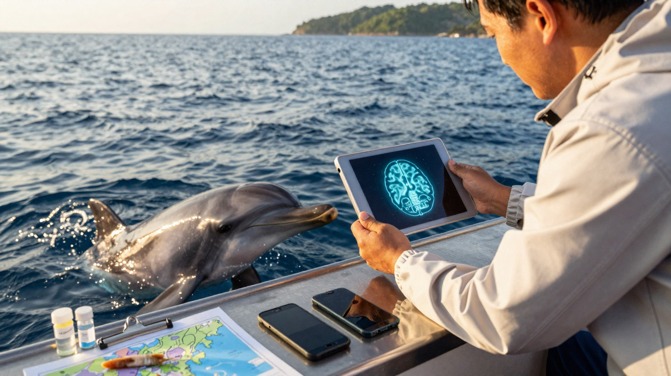Scientist on a boat showing a tablet with a brain scan image to a dolphin in the ocean.