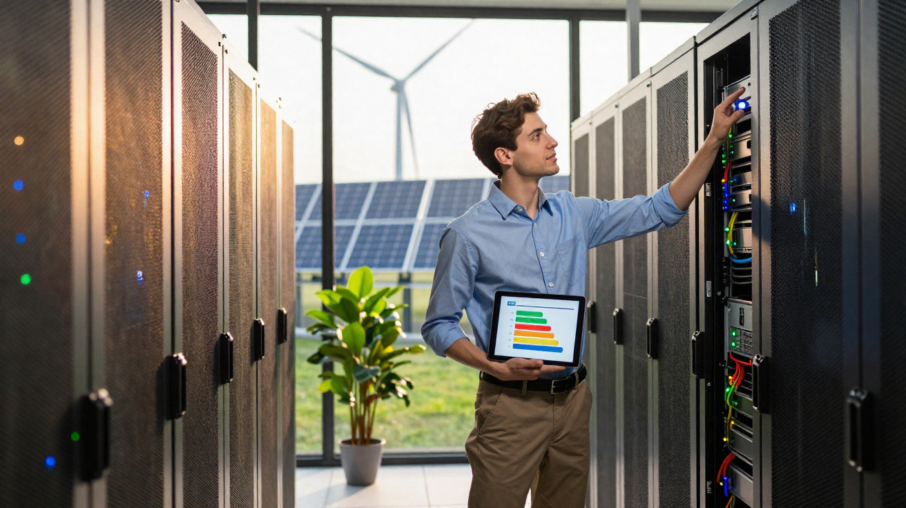 Technician holding tablet with energy graph while adjusting server rack in data centre with solar panels outside.