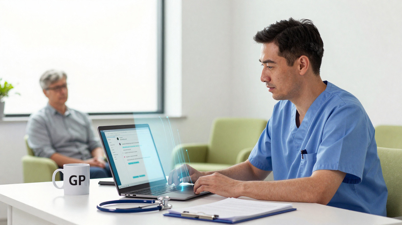 Doctor in scrubs using laptop with stethoscope on desk and patient sitting on sofa in clinic room