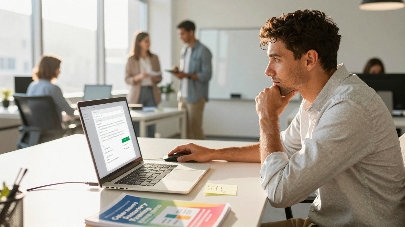 Man focused on laptop screen at desk in modern office with colleagues talking in background.