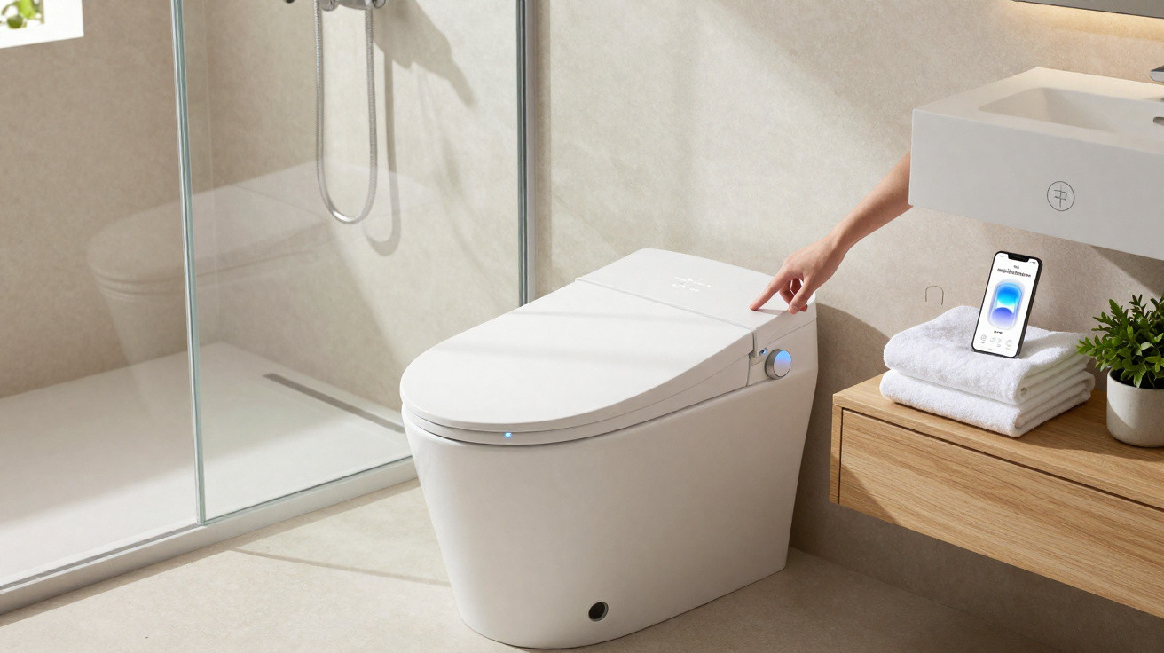 Modern smart toilet in a bathroom with a hand pressing a button and a smartphone on towels nearby