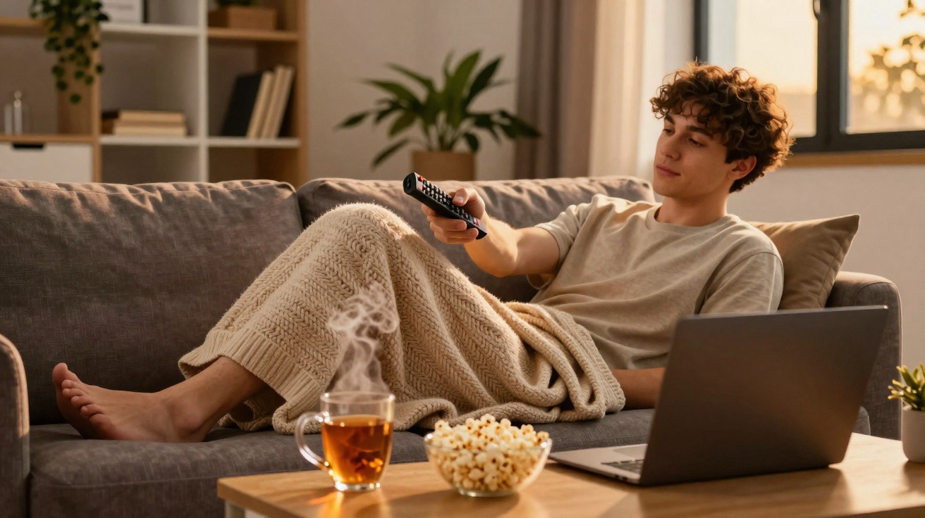 Young man covered with blanket on sofa holding remote, watching TV with popcorn and tea on table.