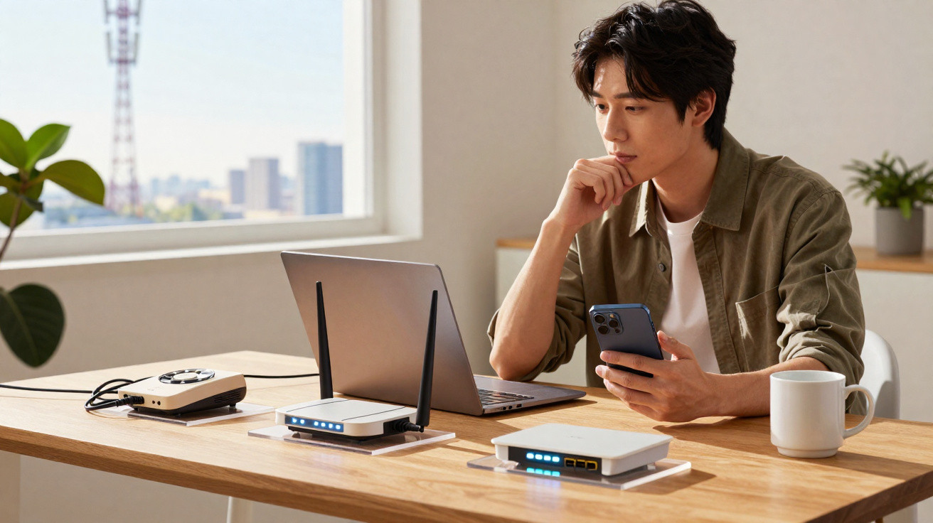 Man sitting at desk with laptop, holding smartphone, surrounded by electronic devices and a coffee mug.