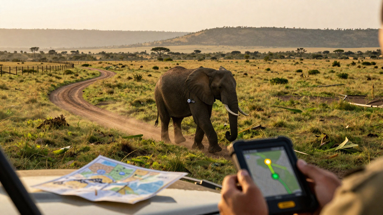 Elephant walking on a dusty path in a savannah, viewed from a safari vehicle with a map and GPS device.