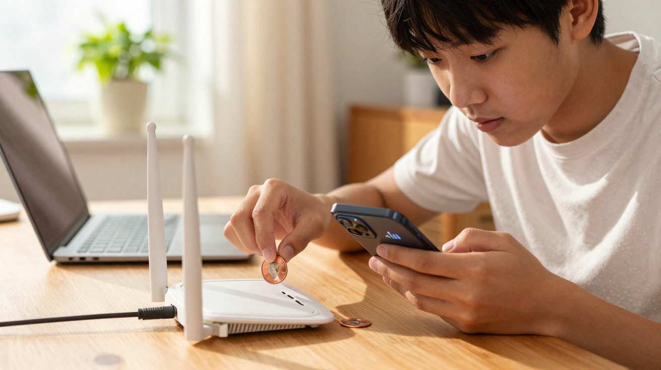 Young person holding a smartphone while placing a coin on a Wi-Fi router on a wooden table.