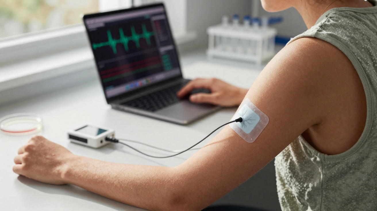 Person wearing a sensor patch on upper arm connected to a device, laptop displaying vital signs in the background.