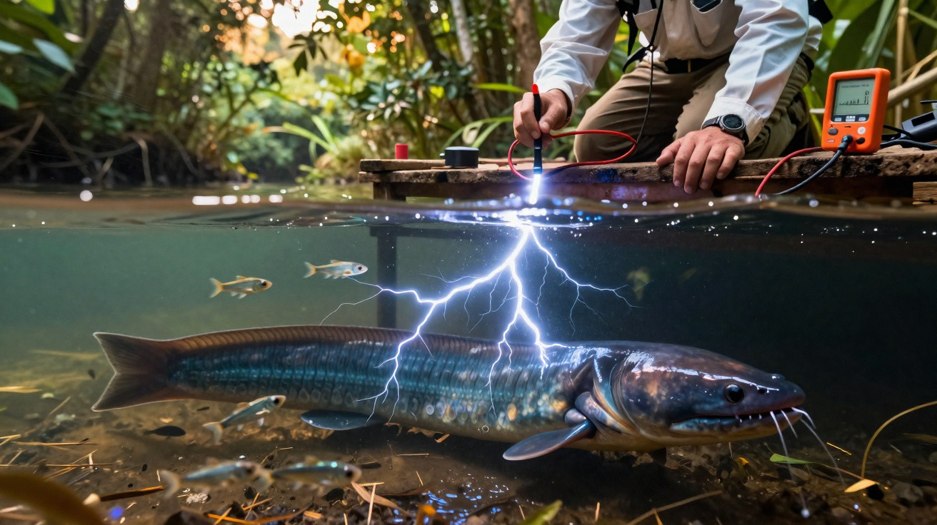 Person testing electric shock in river water near a large fish and small fish underwater in a forest stream.