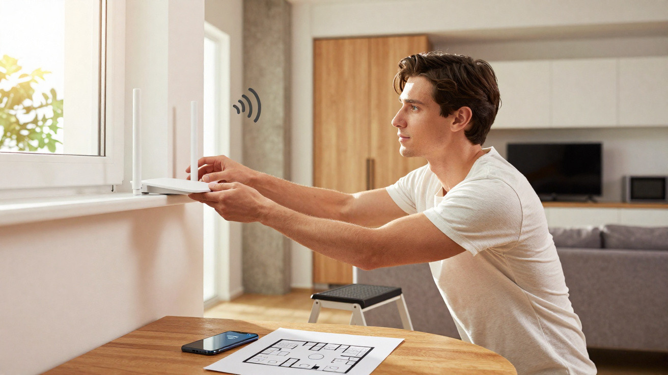 Young man in white t-shirt installing a wireless router near window in a bright modern living room.