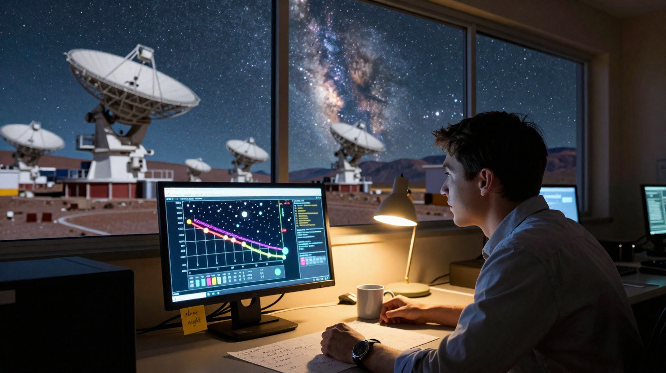Scientist analysing space data on computer inside observatory with large satellite dishes and starry sky outside window.