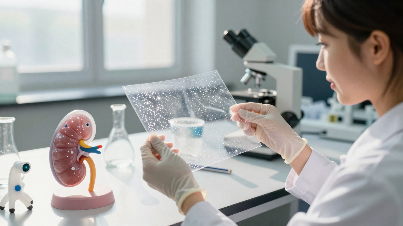 Scientist in gloves examining a transparent sheet with droplets next to a kidney model in a lab.