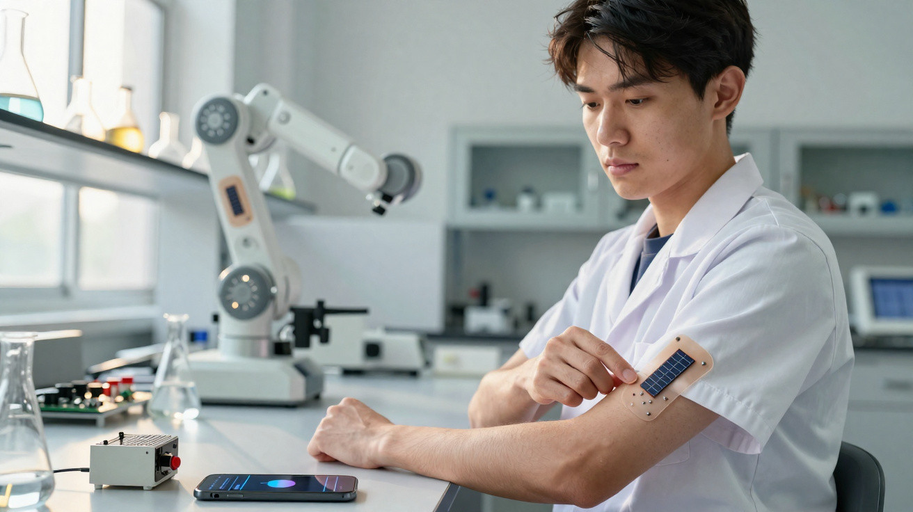 Scientist in lab coat applying a solar-powered wearable device to his arm in a laboratory setting.