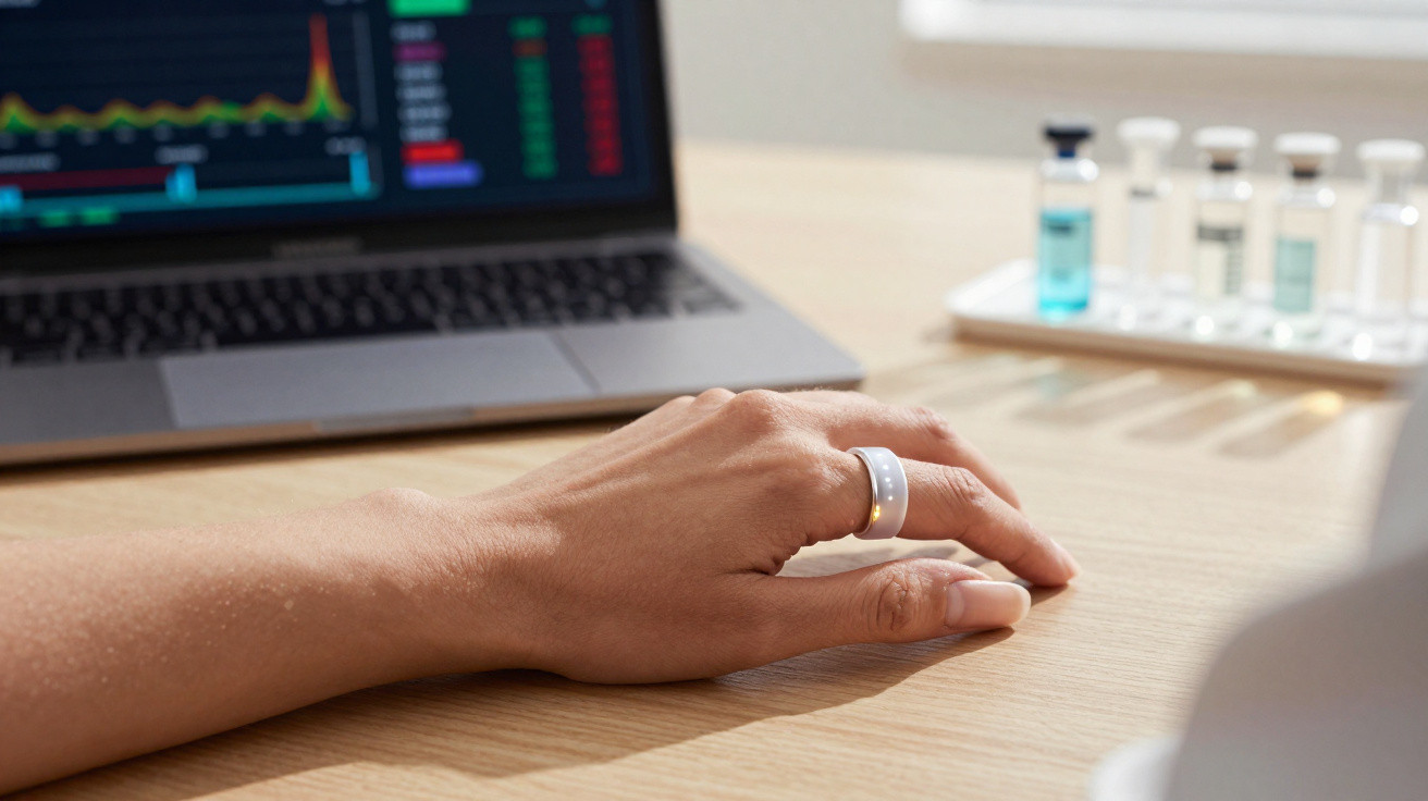 Hand wearing a white smart ring on a desk near a laptop displaying graphs and medical vials in the background.