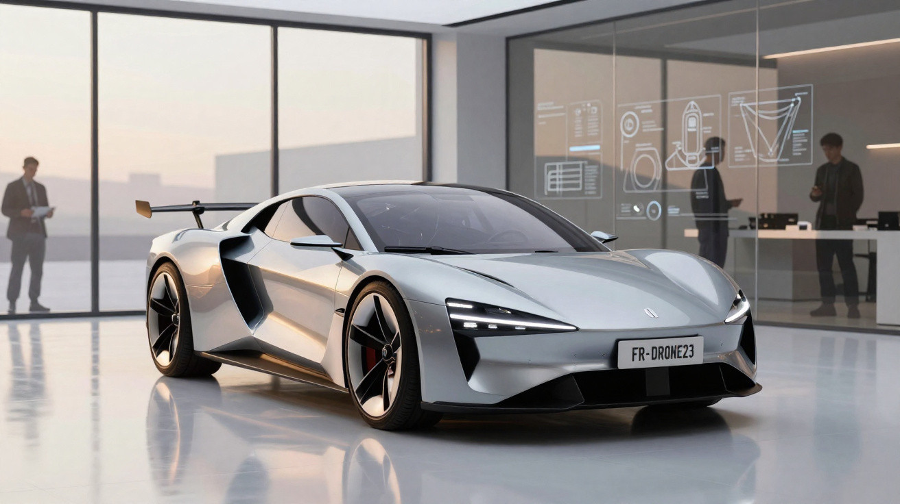 Silver futuristic sports car showcased in a sleek modern showroom with two people in the background.