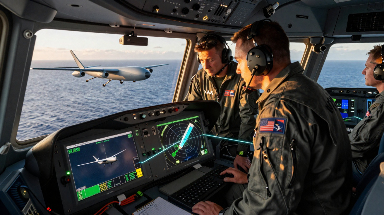 Three crew members in a military aircraft cockpit monitor radar and a drone flying over the ocean.