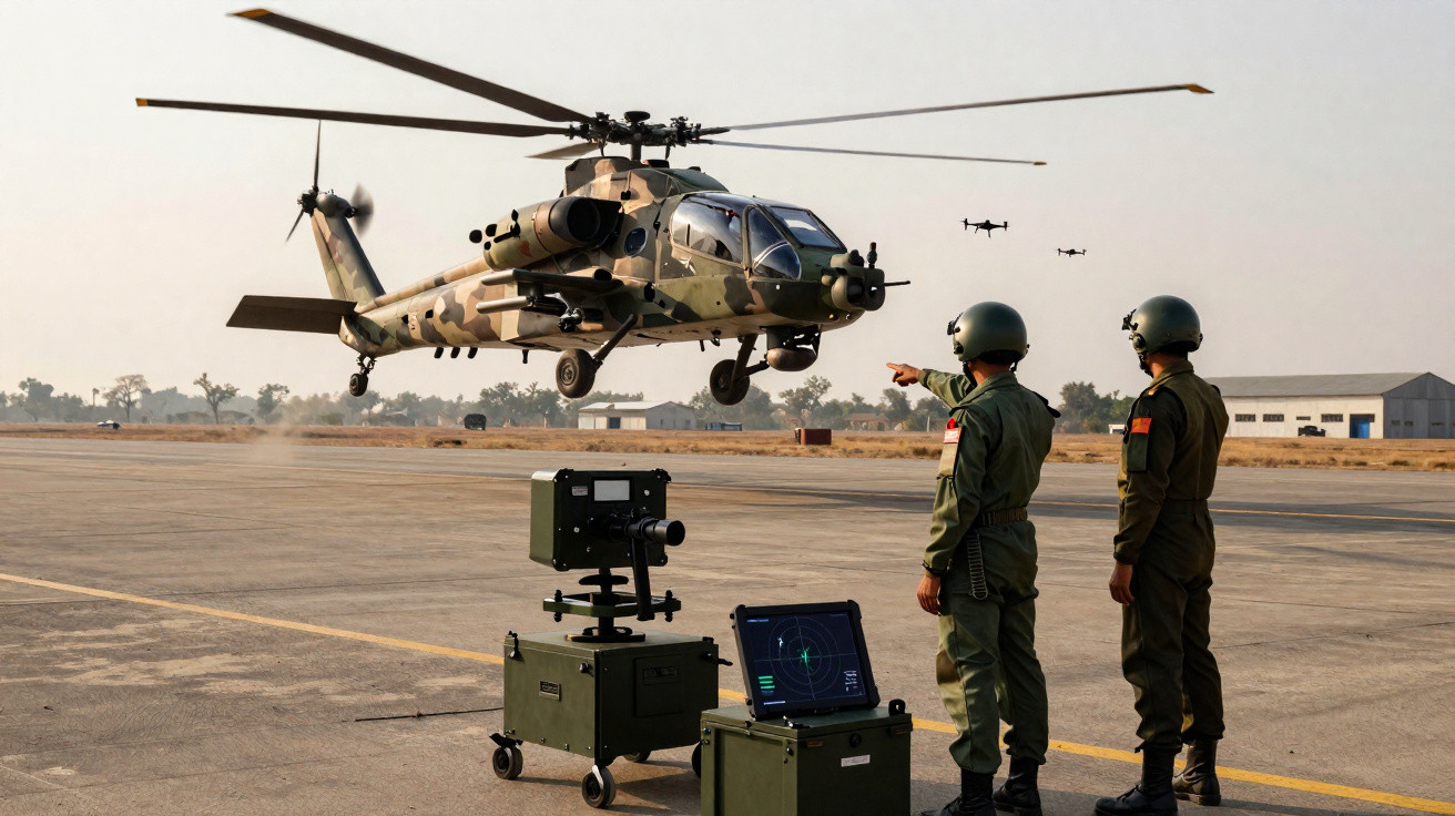 Military helicopter hovering near two soldiers operating radar and drone control equipment on an airfield.