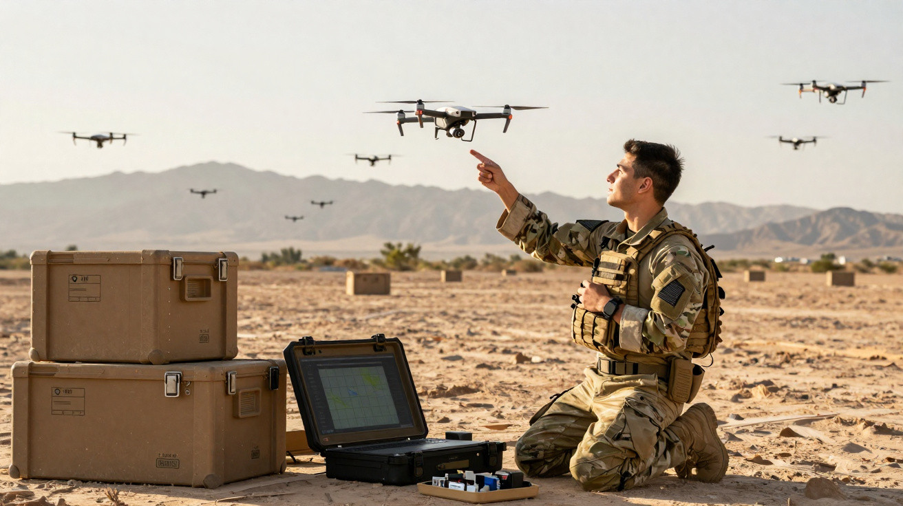 Soldier in camouflage operating multiple drones in desert with mountains in background and equipment cases nearby.