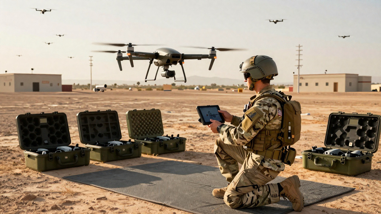 Soldier operating a drone with multiple drone cases open in a desert training area.