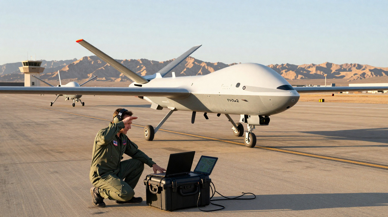 Military personnel kneels by a drone on an airfield with mountains and control tower in the background.