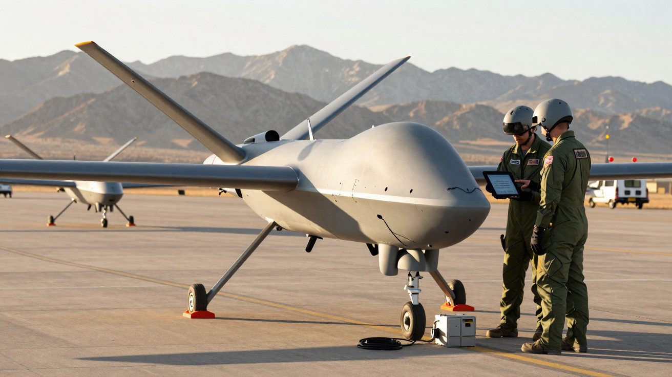 Two military personnel in flight suits and helmets standing next to a large grey drone on an airfield with mountains in the b