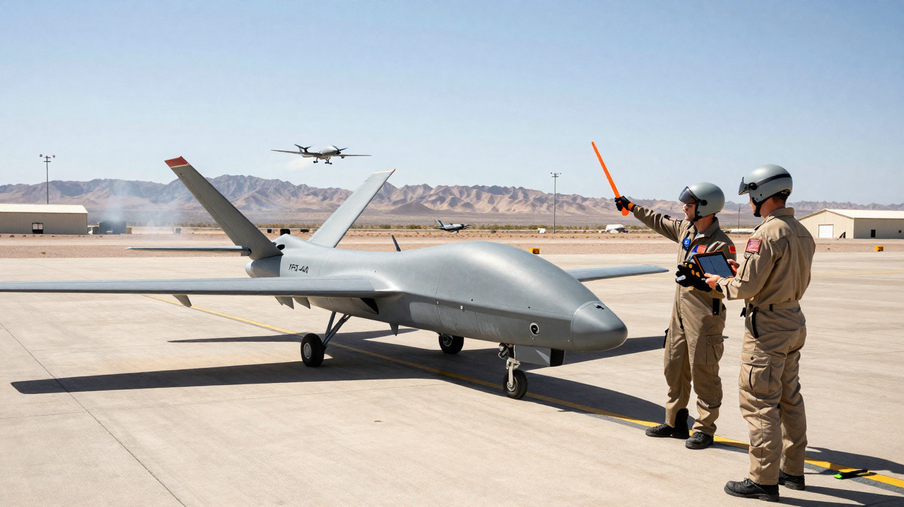 Two personnel in flight suits guide a military drone on a desert airstrip with mountains in the background.