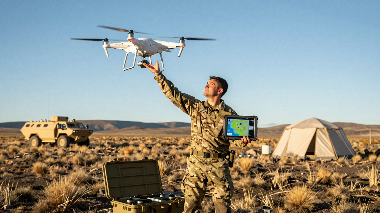 Soldier in camouflage operating a drone with tablet in arid landscape near military vehicle and tent.