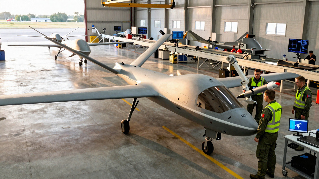 Large military drones inside a hangar with personnel inspecting and working on them.