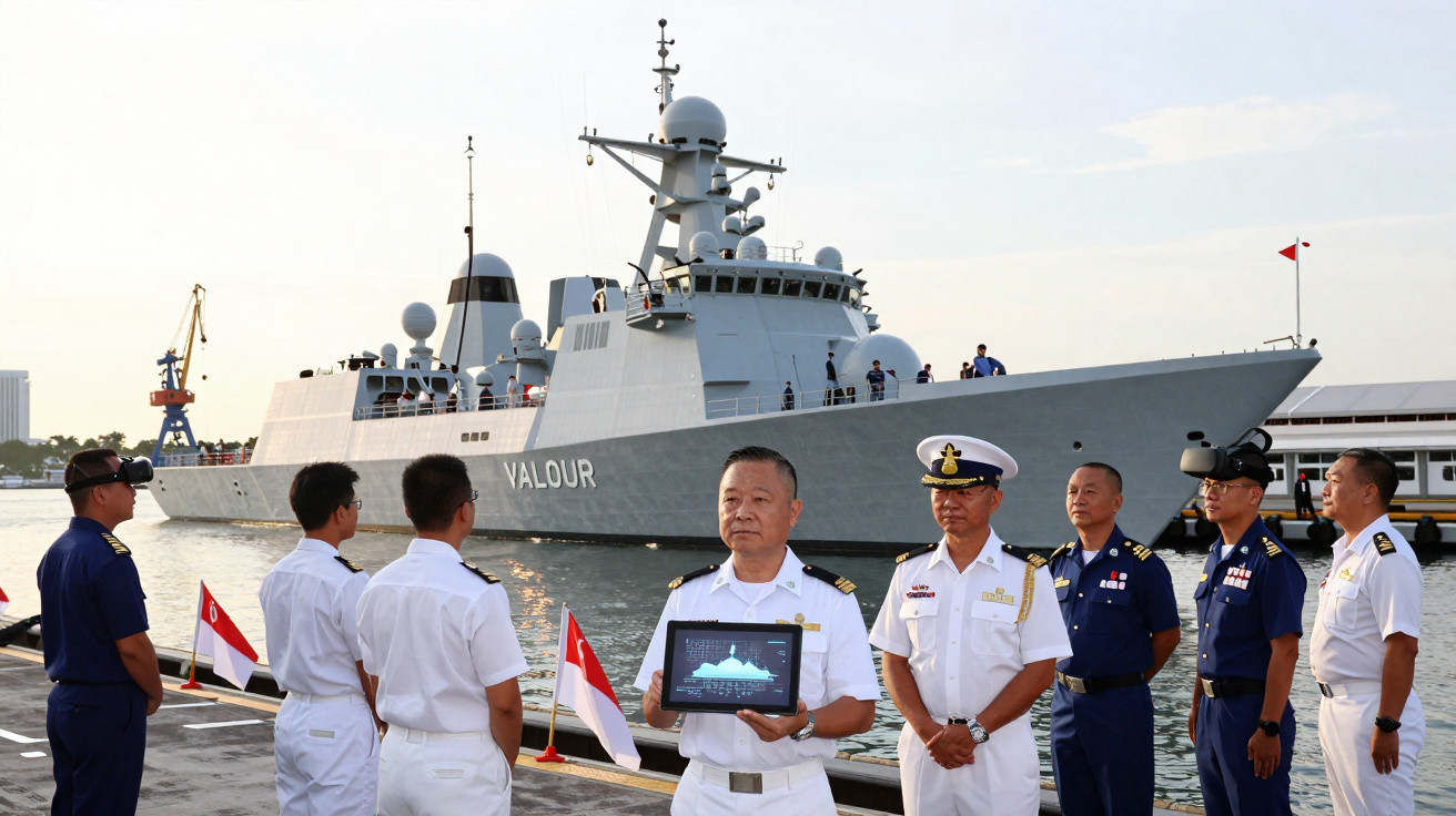 Naval officers in uniform standing on a dock with the warship Valour moored in the background.