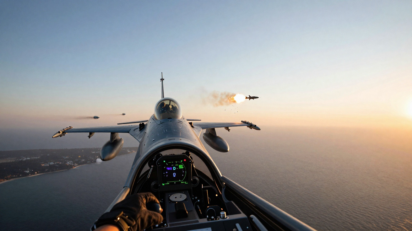 View from cockpit of fighter jet firing a missile over the sea at sunset.
