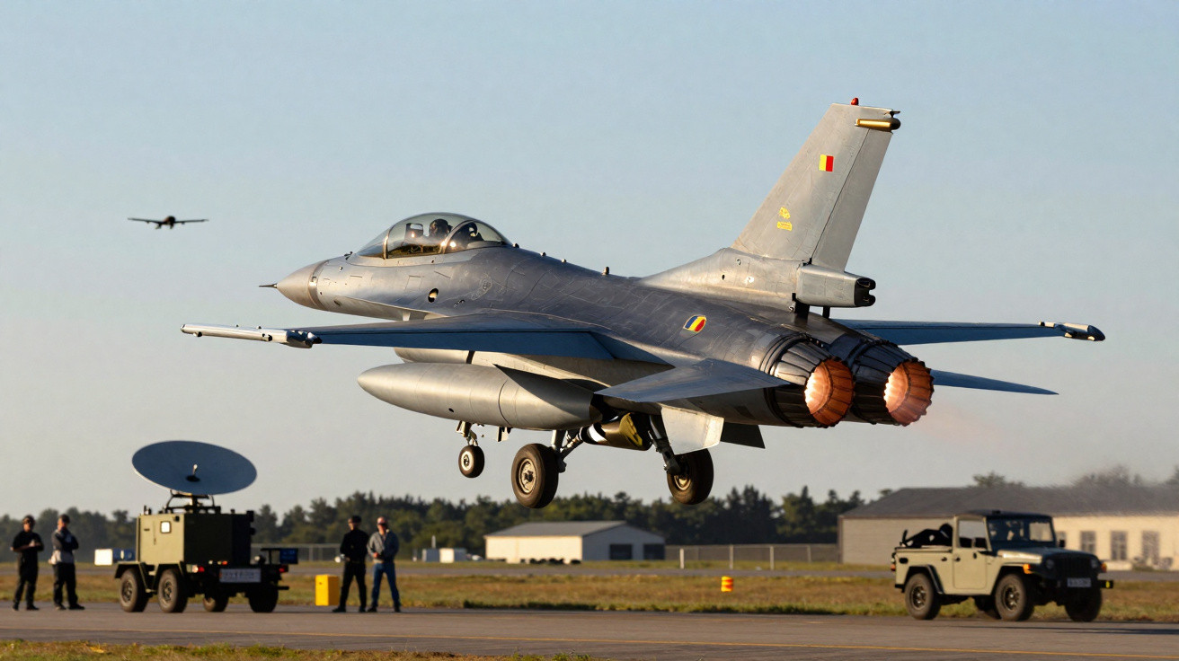 Romanian Air Force fighter jet taking off from an airbase with personnel and vehicles nearby.