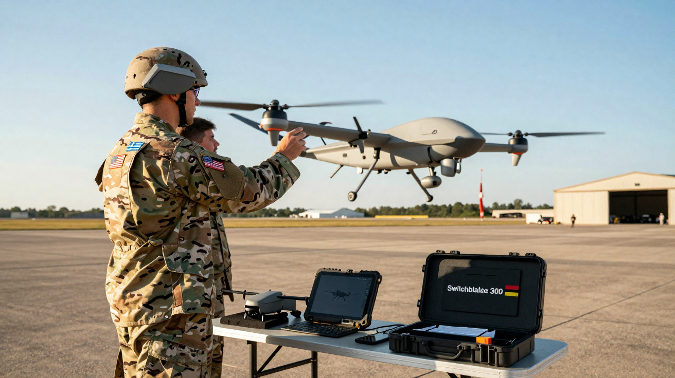 Two soldiers in camouflage operating a military drone launching from a runway with control equipment on a table.
